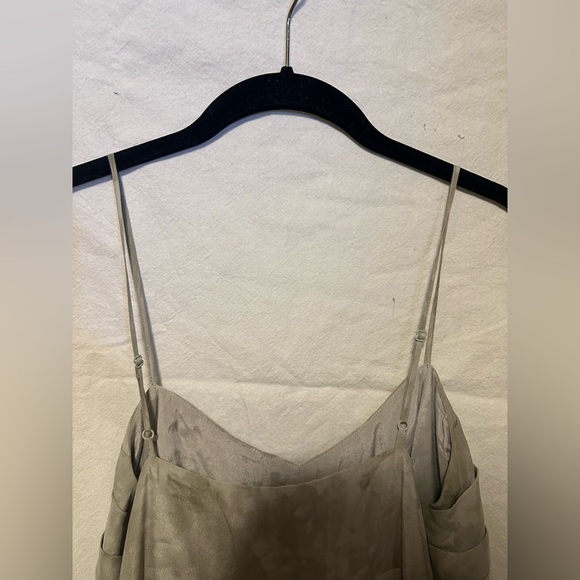 Fei Spaghetti Strap Olive Green Watercolor 100% Silk Mini Dress Size 8 - Picture 4 of 11
